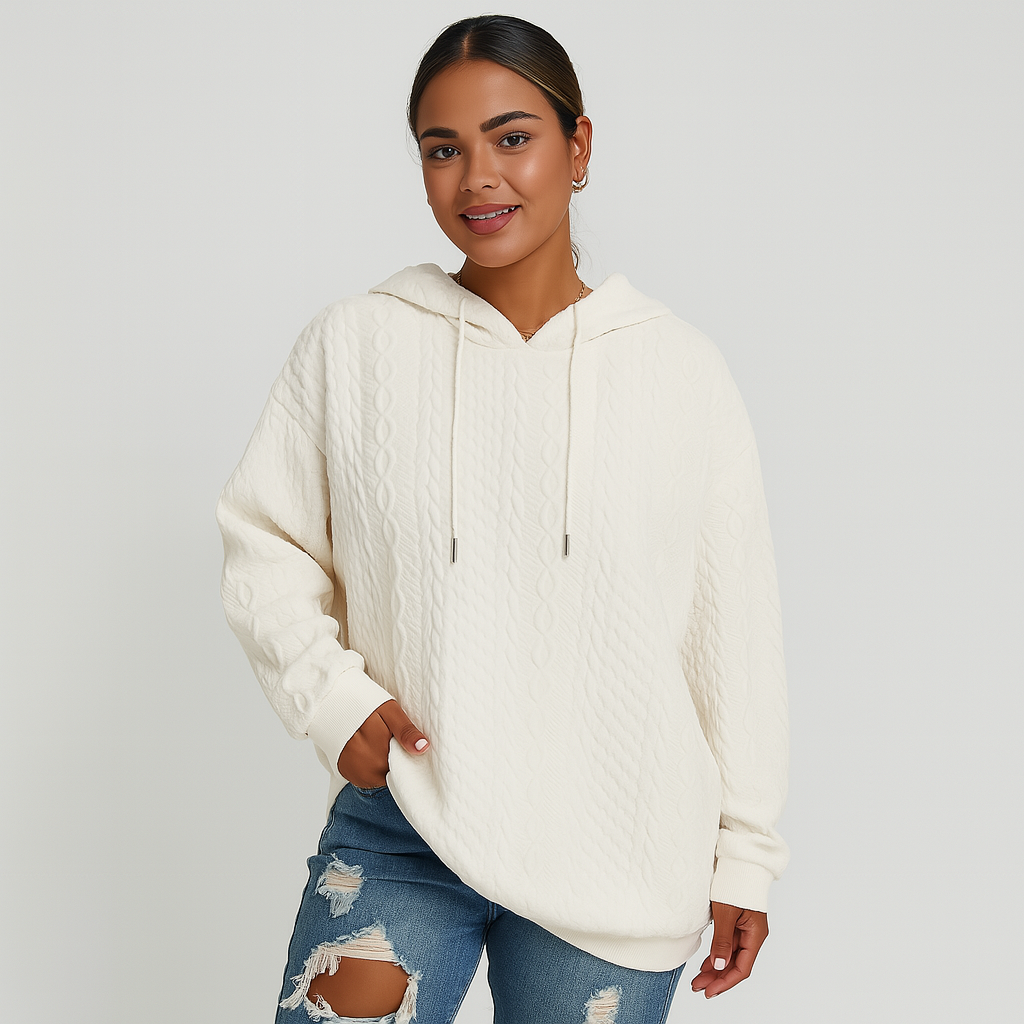 Damehættetrøje i plusstørrelser – ensfarvet ribstrik med snøre og stretch