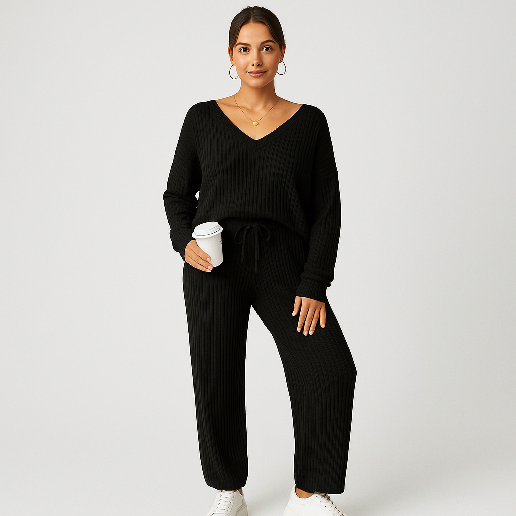 Ribstrikket loungesæt til kvinder – ensfarvet top med V-hals og joggingbukser med elastik i taljen