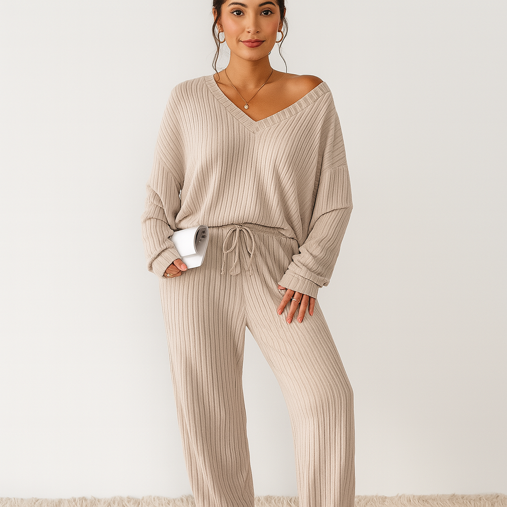 Ribstrikket loungesæt til kvinder – ensfarvet top med V-hals og joggingbukser med elastik i taljen
