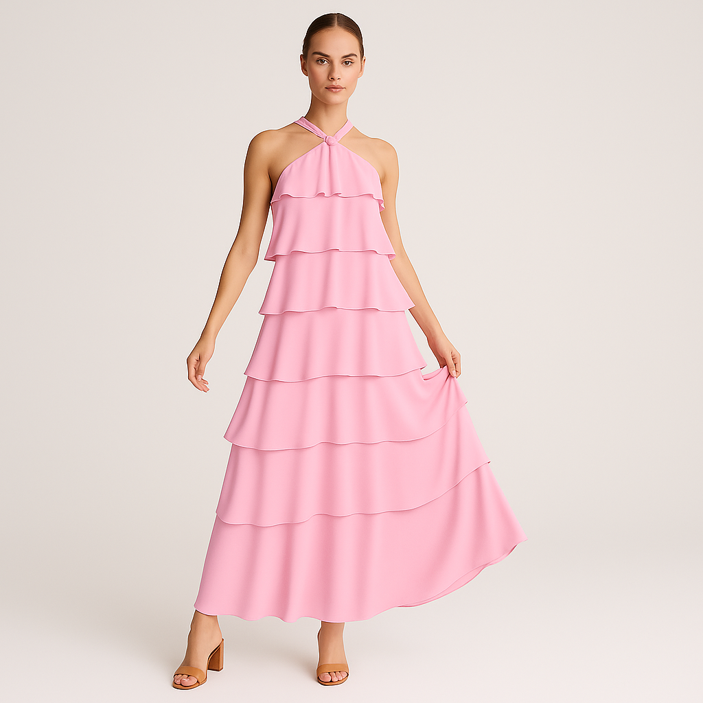 Celestine - Lagdelt halterneckkjole med 3D-blomsterdetaljer