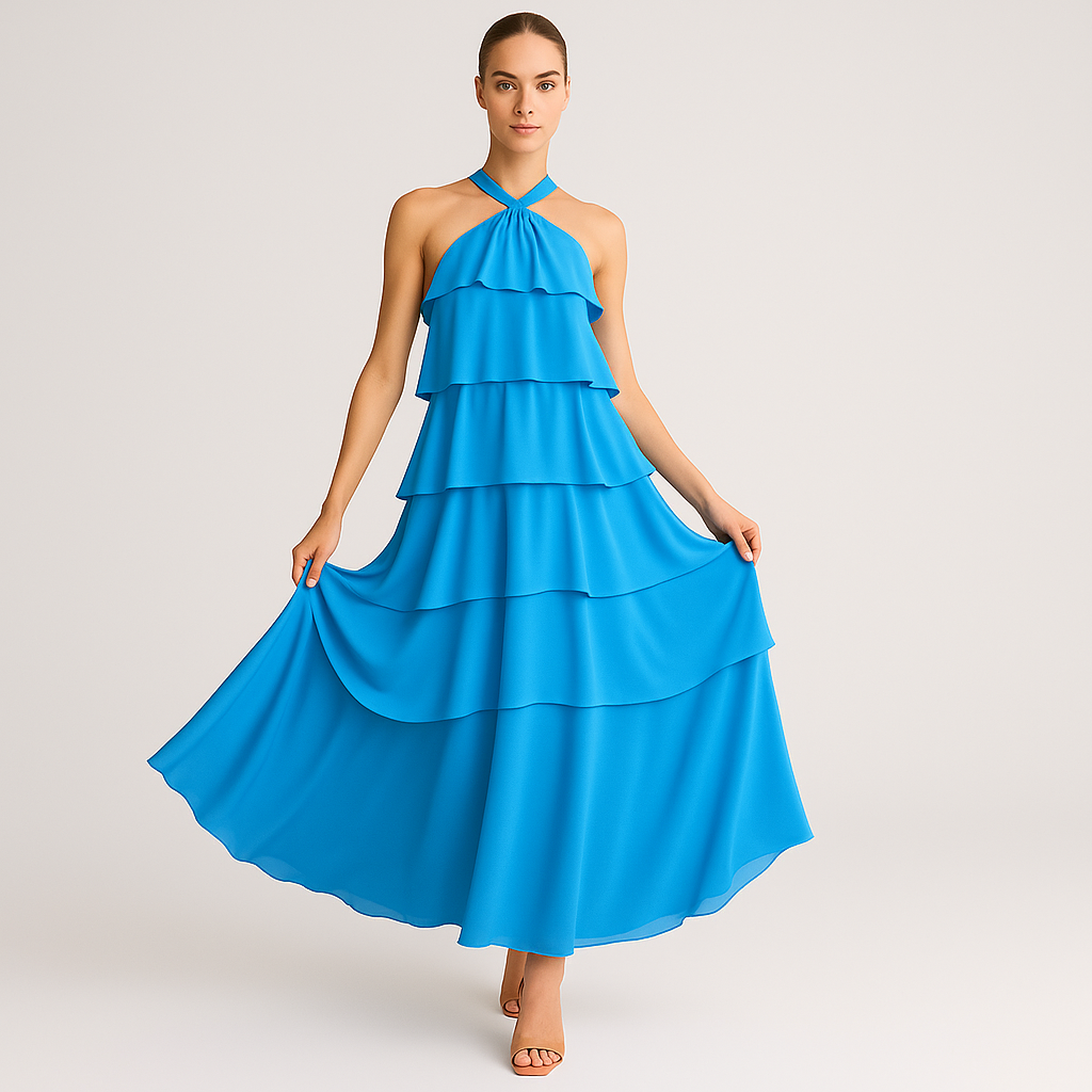 Celestine - Lagdelt halterneckkjole med 3D-blomsterdetaljer