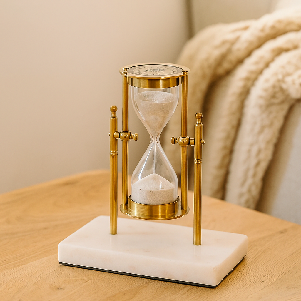 Sandria - Elegant sandtimer med guldramme og marmorbase