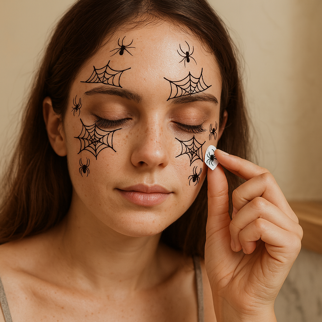 DarkAura | 10-pak Halloween falske tatoveringsklistermærker – sorte edderkoppespindmønstre til ansigt, arme og festdekoration