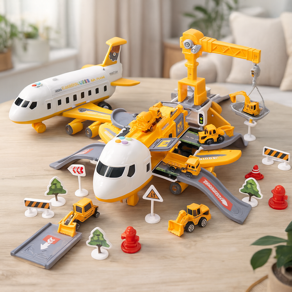 FlyVenture | Circuit de lancement d'avions à inertie avec musique et rangement pour voitures