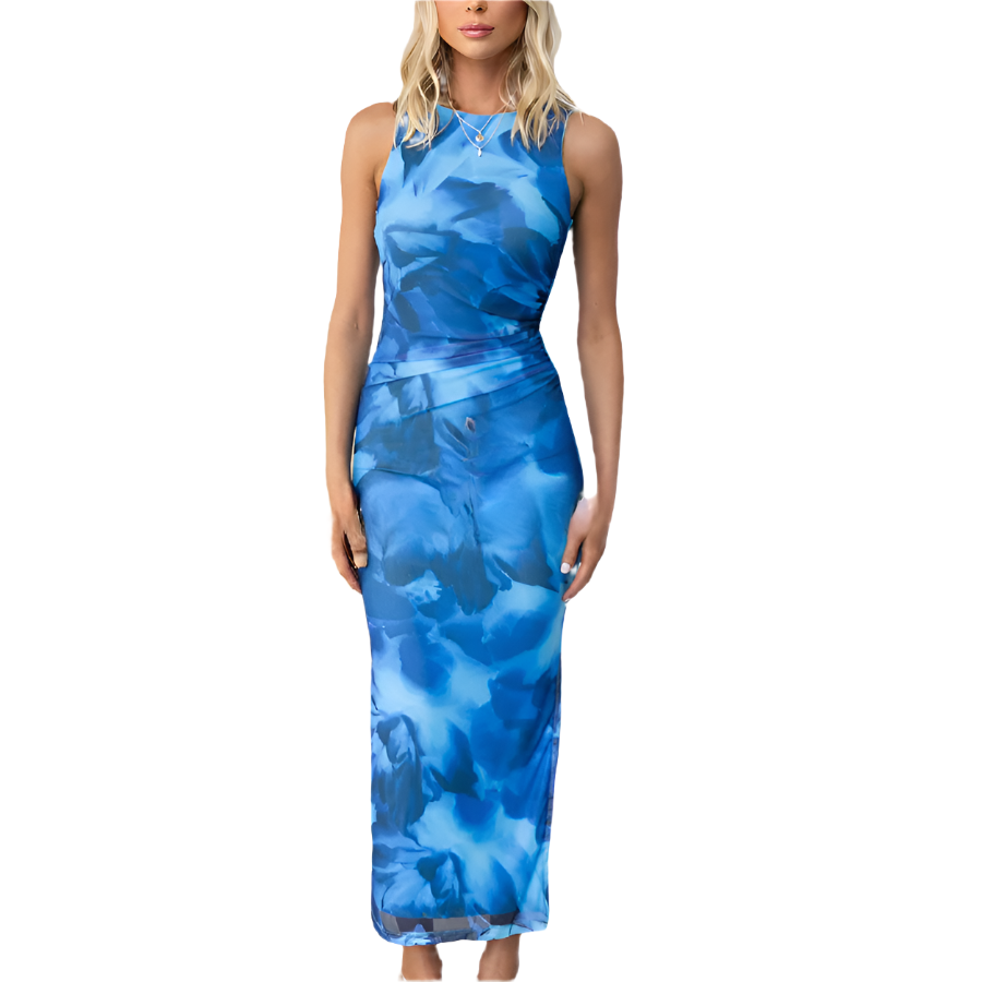 Kristin - Lang stretchkjole med blomsterprint