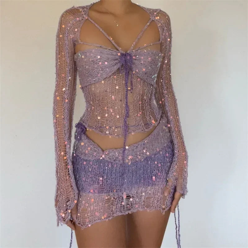 Frederikke - Todelt langærmet pailletstrikket top med udskåret bodycon-nederdel