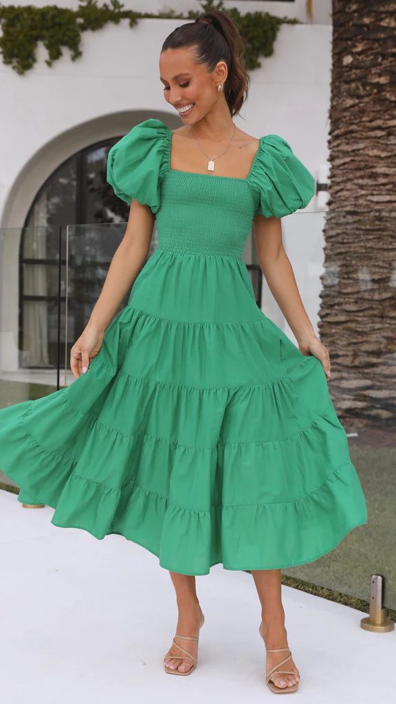 Linnea - Grøn midikjole med flæser