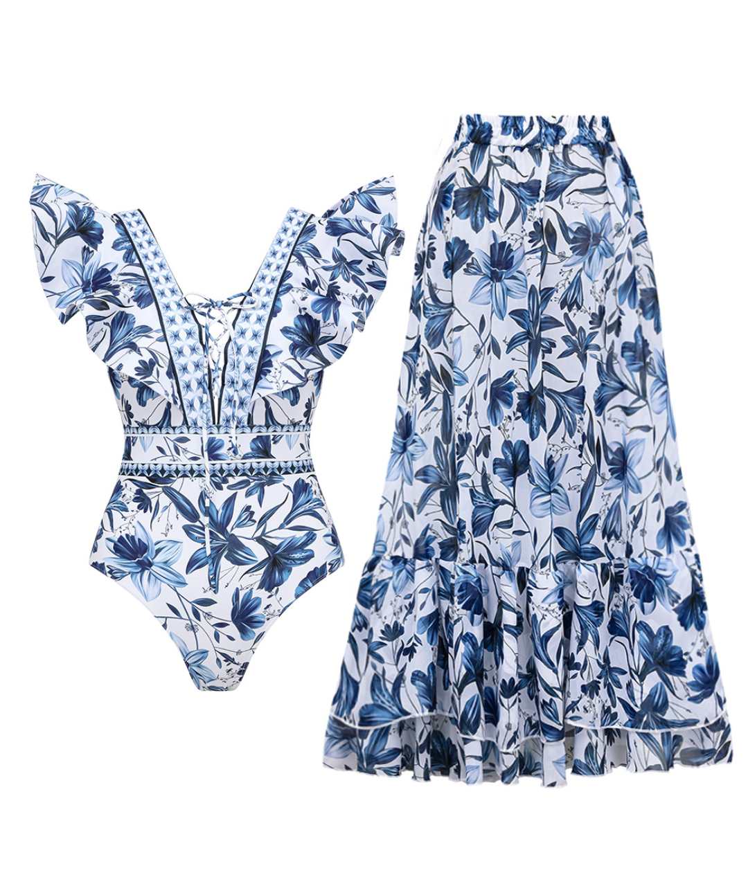 Arelia - V-hals badedragt i ét stykke med matchende nederdelsæt