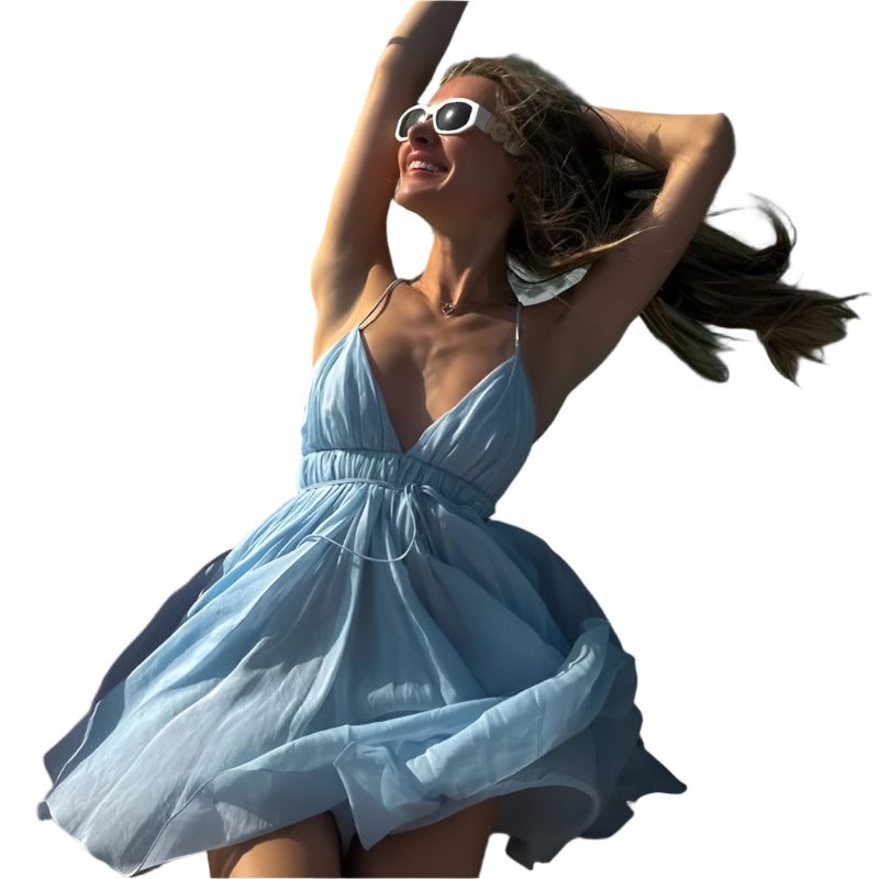 Skye - Dyb V-hals og luftig sommerkjole med justerbar bælte