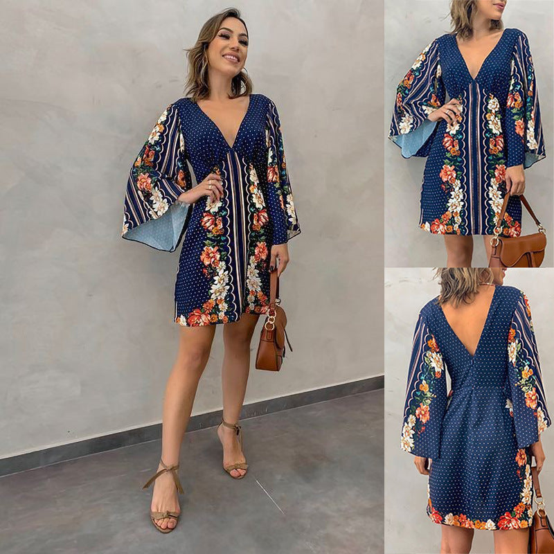 Rosemary - Dyb V-hals printet minikjole