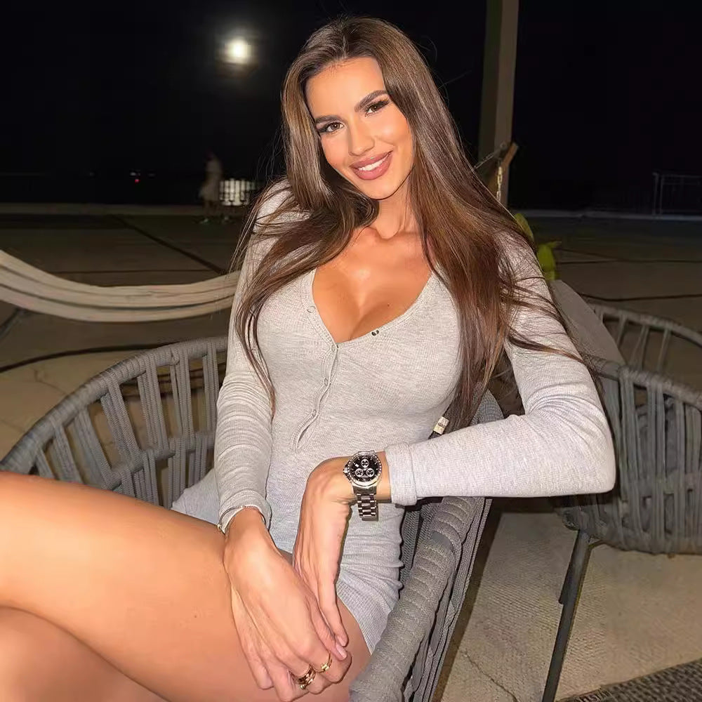 Rose - Langærmet body med dyb V-udskæring og knaplukninger