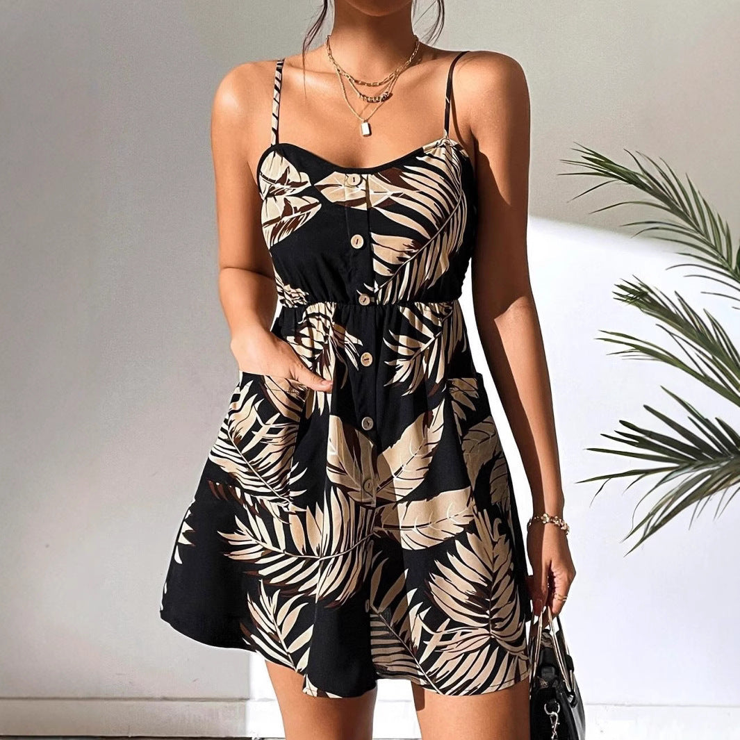 Brianna - Kjole med knap foran med elastisk taljeprint