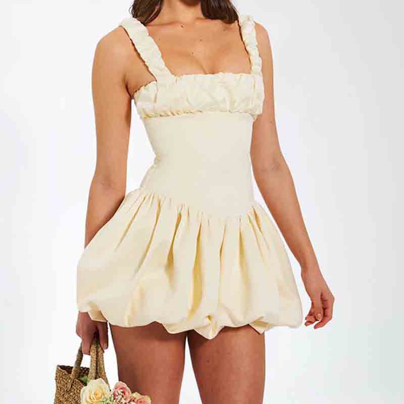 Bia - Voluminøs minikjole til kvinder med firkantet halsudskæring og flæsedetaljer