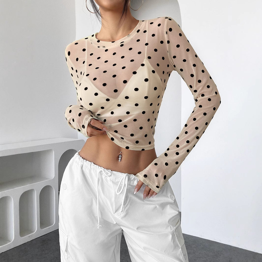 Shara - Lækker prikket tætsiddende mesh langærmet t-shirt