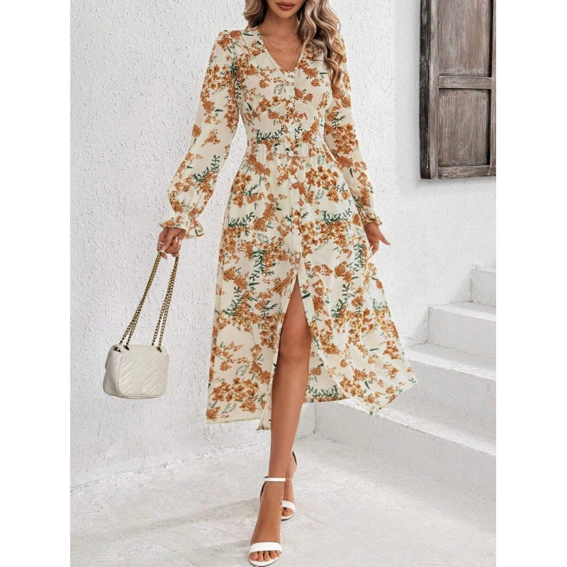 Roberta - Printet V-hals langærmet lang kjole