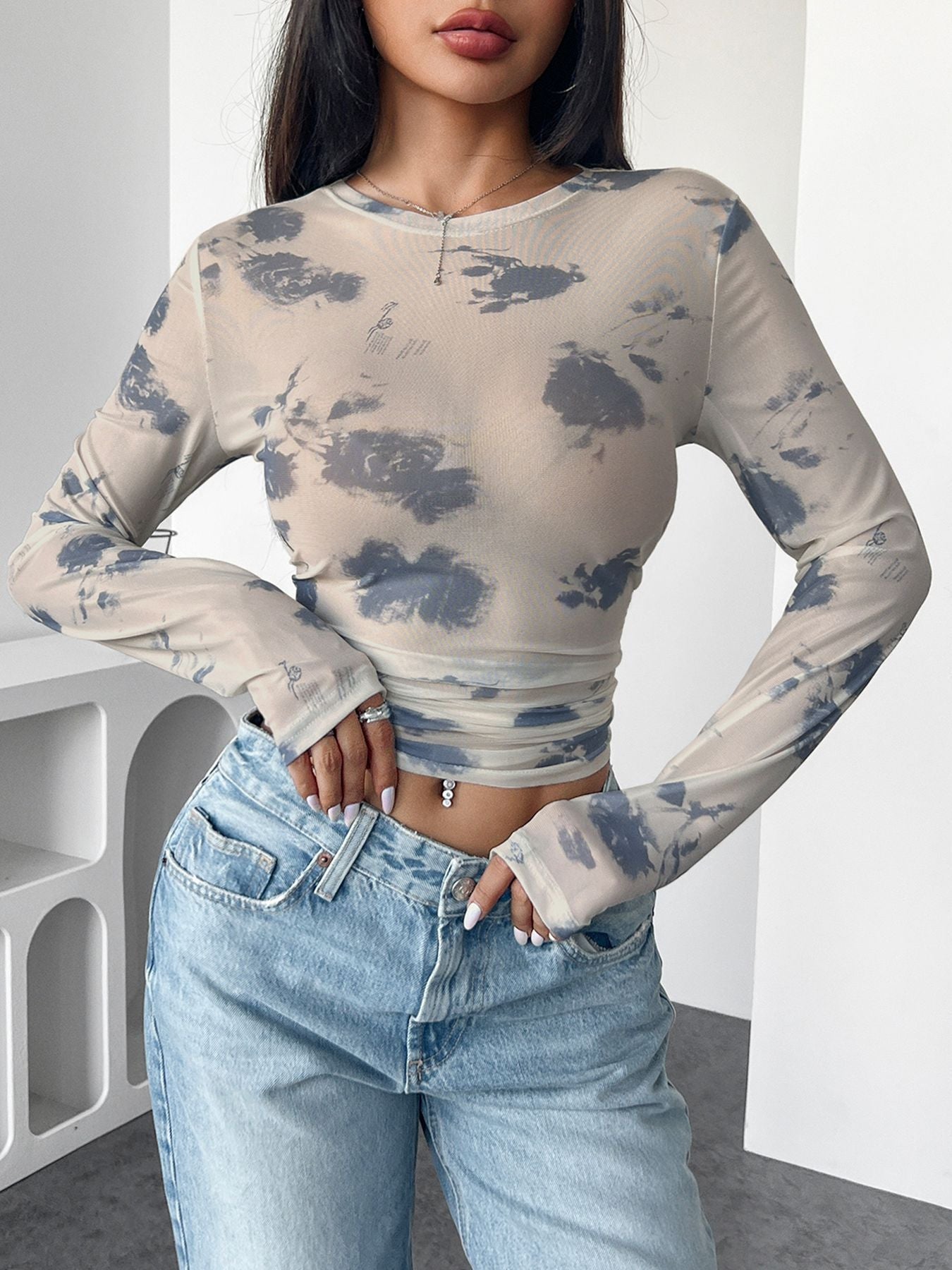Veronica - Top med blomstret mesh-print