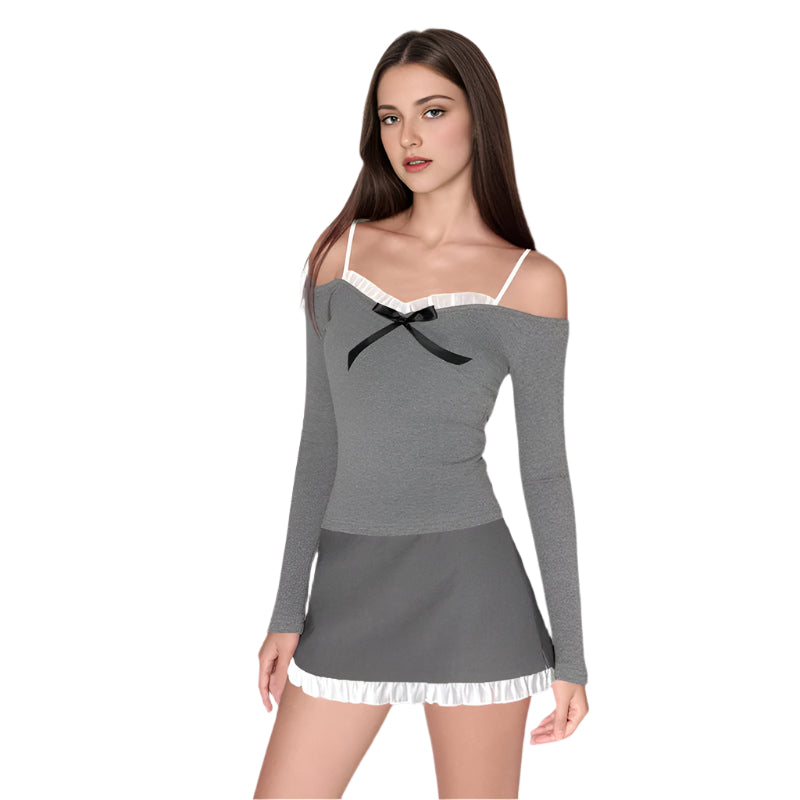 Rita - Off-shoulder langærmet skjorte med flæser og sløjfer