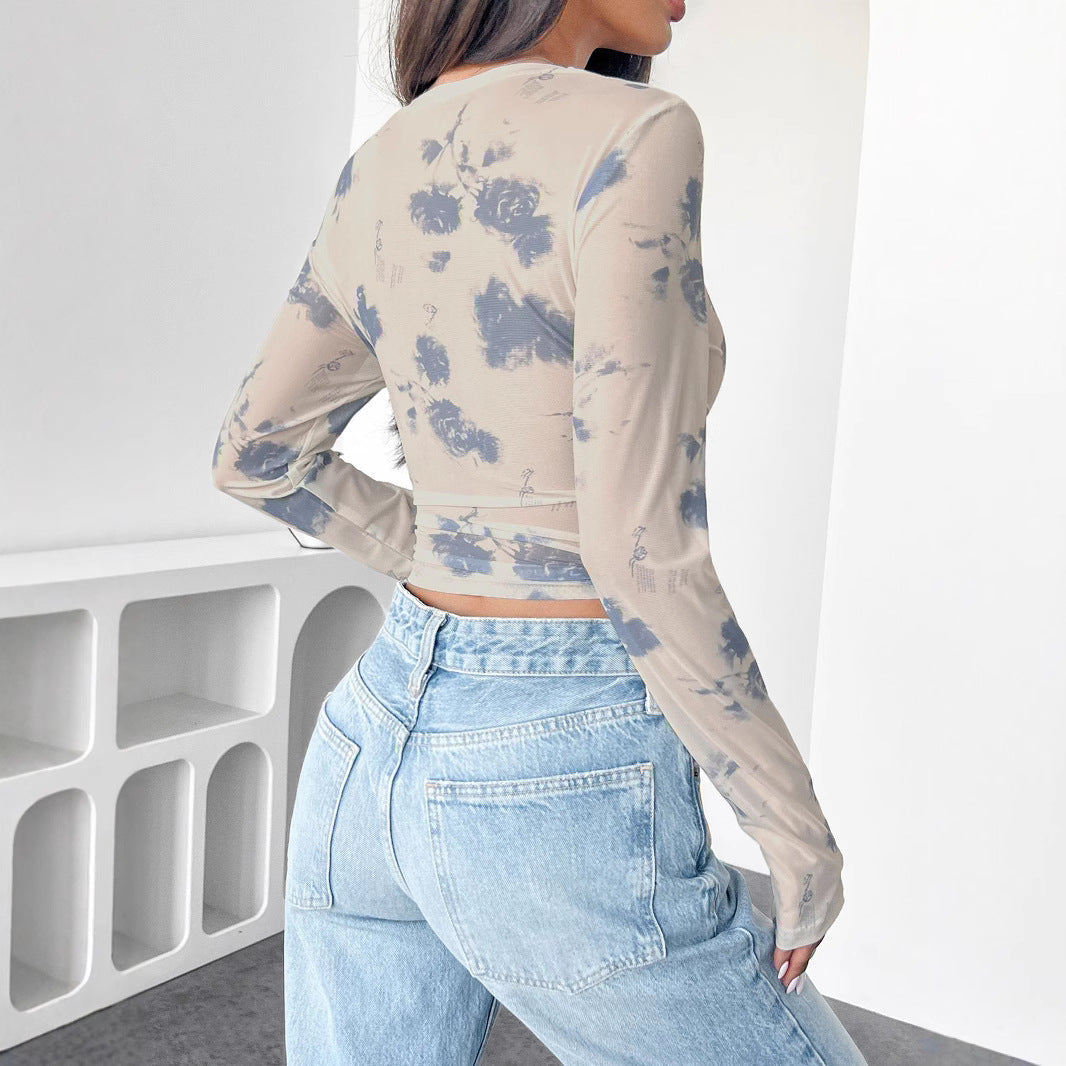 Veronica - Top med blomstret mesh-print