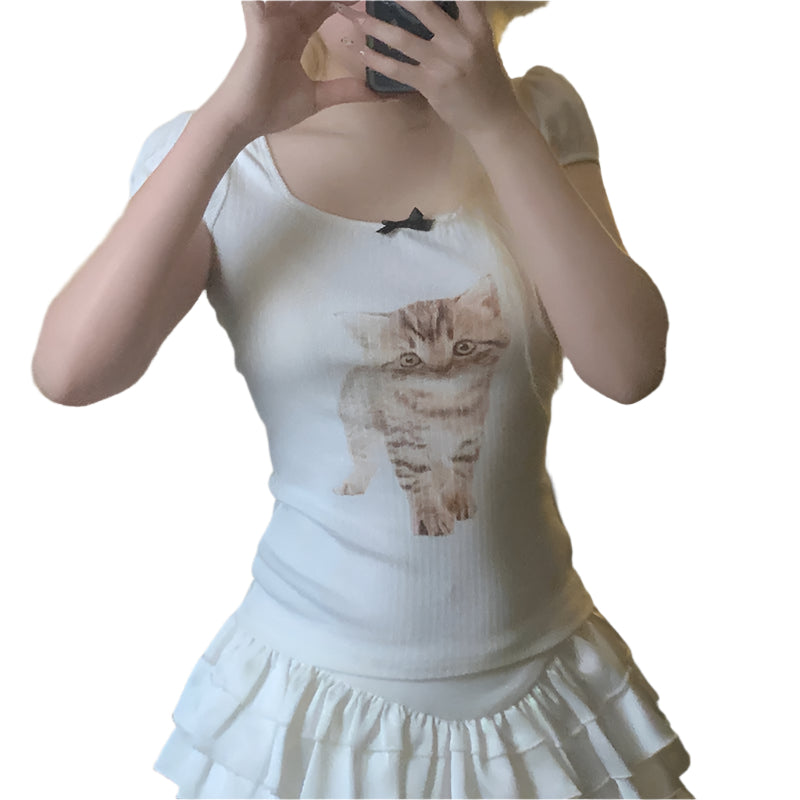 Jannie - Sødt kattemotiv og pufærmer top