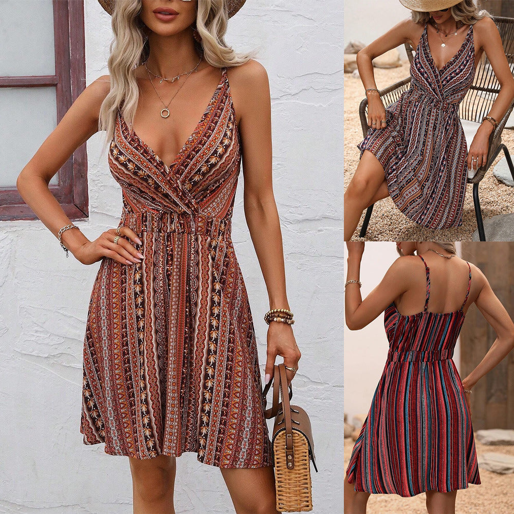 Camilla - Stribet slå-om V-hals tynd stretch cami-kjole