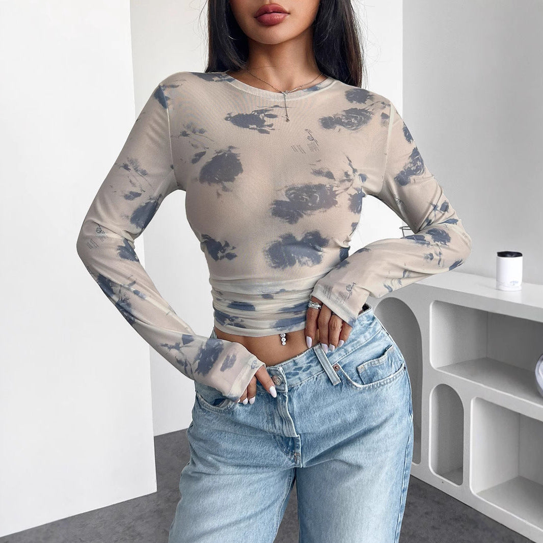 Veronica - Top med blomstret mesh-print