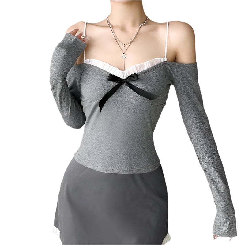 Rita - Off-shoulder langærmet skjorte med flæser og sløjfer