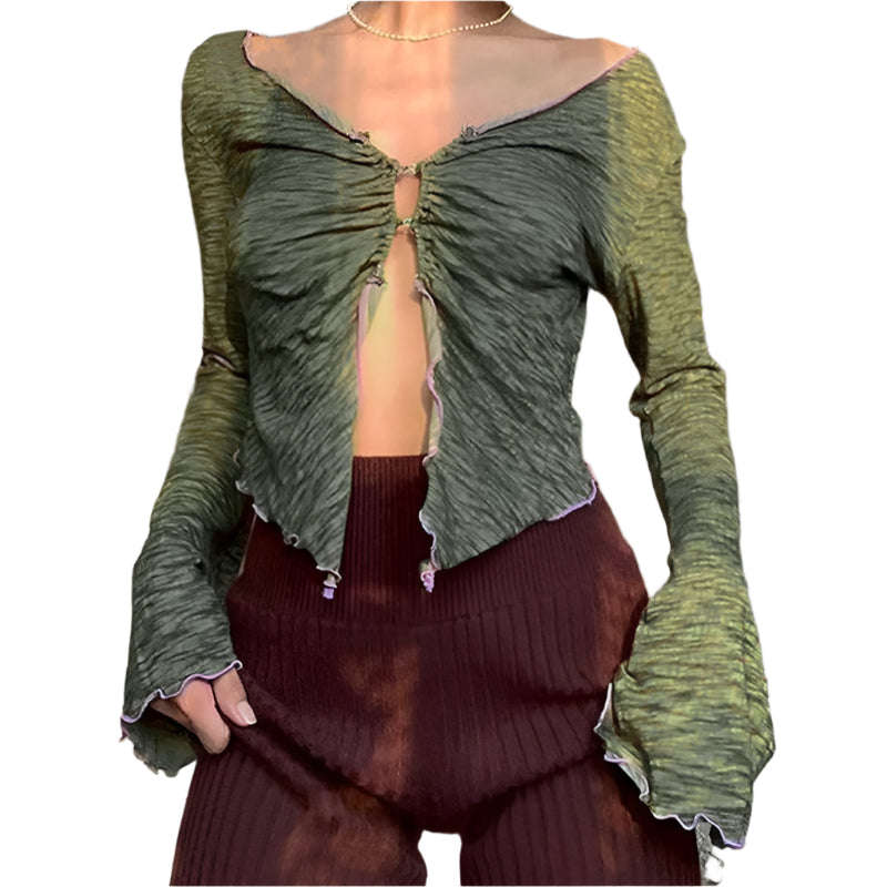 Lindsey - Cropped langærmet top med flæser