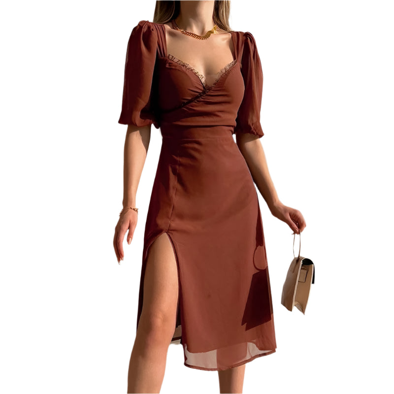 Siena - Pufærmer og dyb V-hals maxikjole