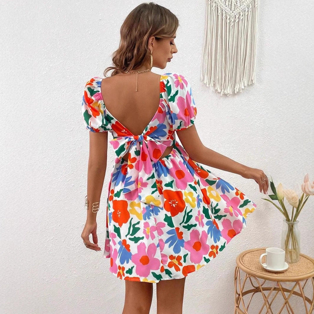 Dianna - printet strandkjole med lanterneærmer