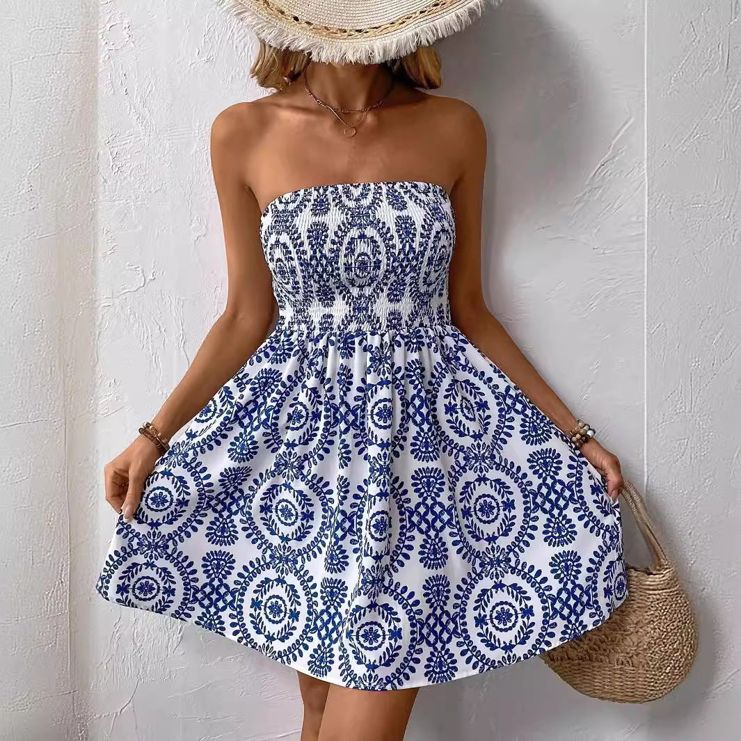 Jane - Blå printet strop kjole