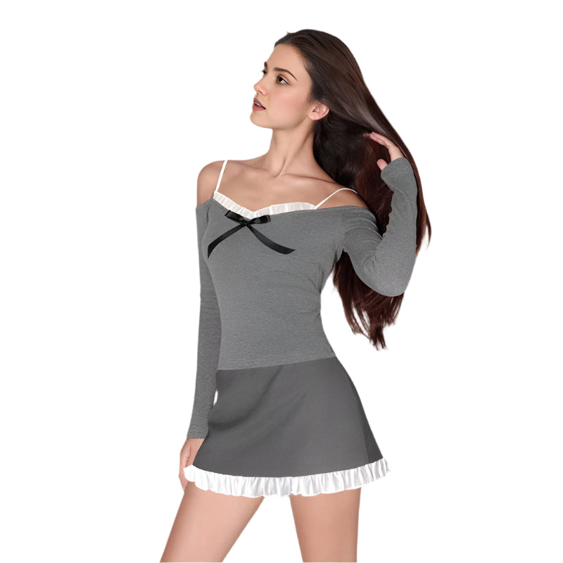 Rita - Off-shoulder langærmet skjorte med flæser og sløjfer