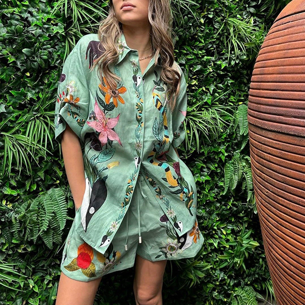 Idina - Sommerprint skjorte og shorts Løs afslappet todelt sæt