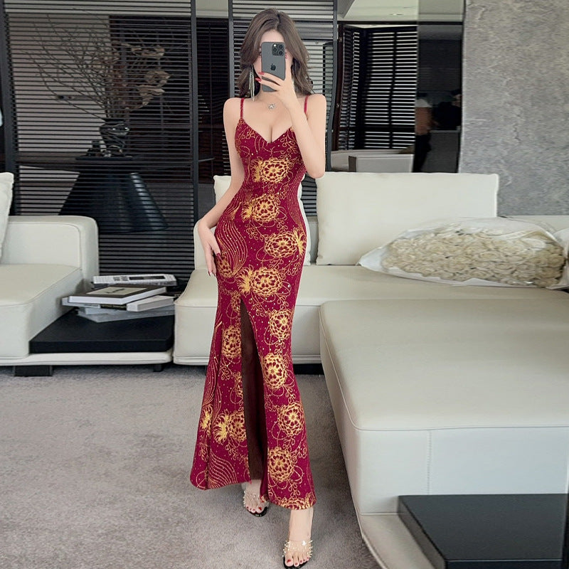 Layla - Printet langærmet slidskjole