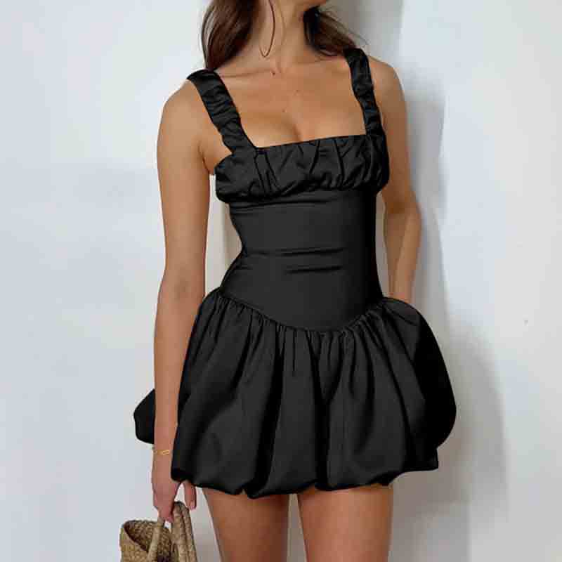 Bia - Voluminøs minikjole til kvinder med firkantet halsudskæring og flæsedetaljer