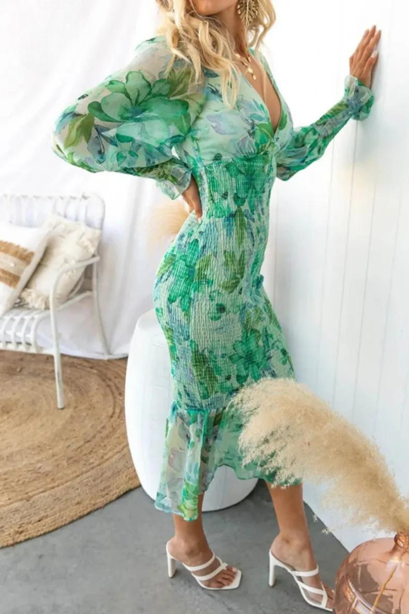 Rebekka - Blomstret mønster Midi-kjole