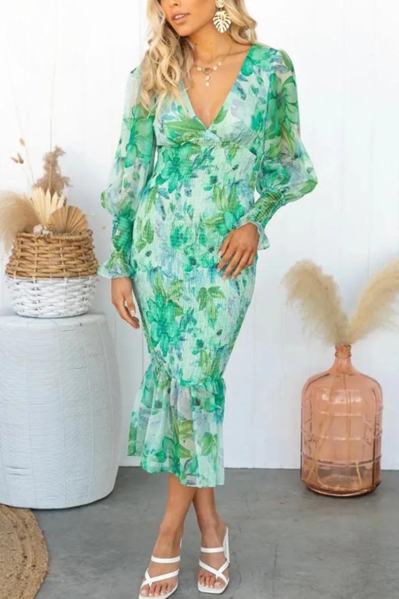 Rebekka - Blomstret mønster Midi-kjole