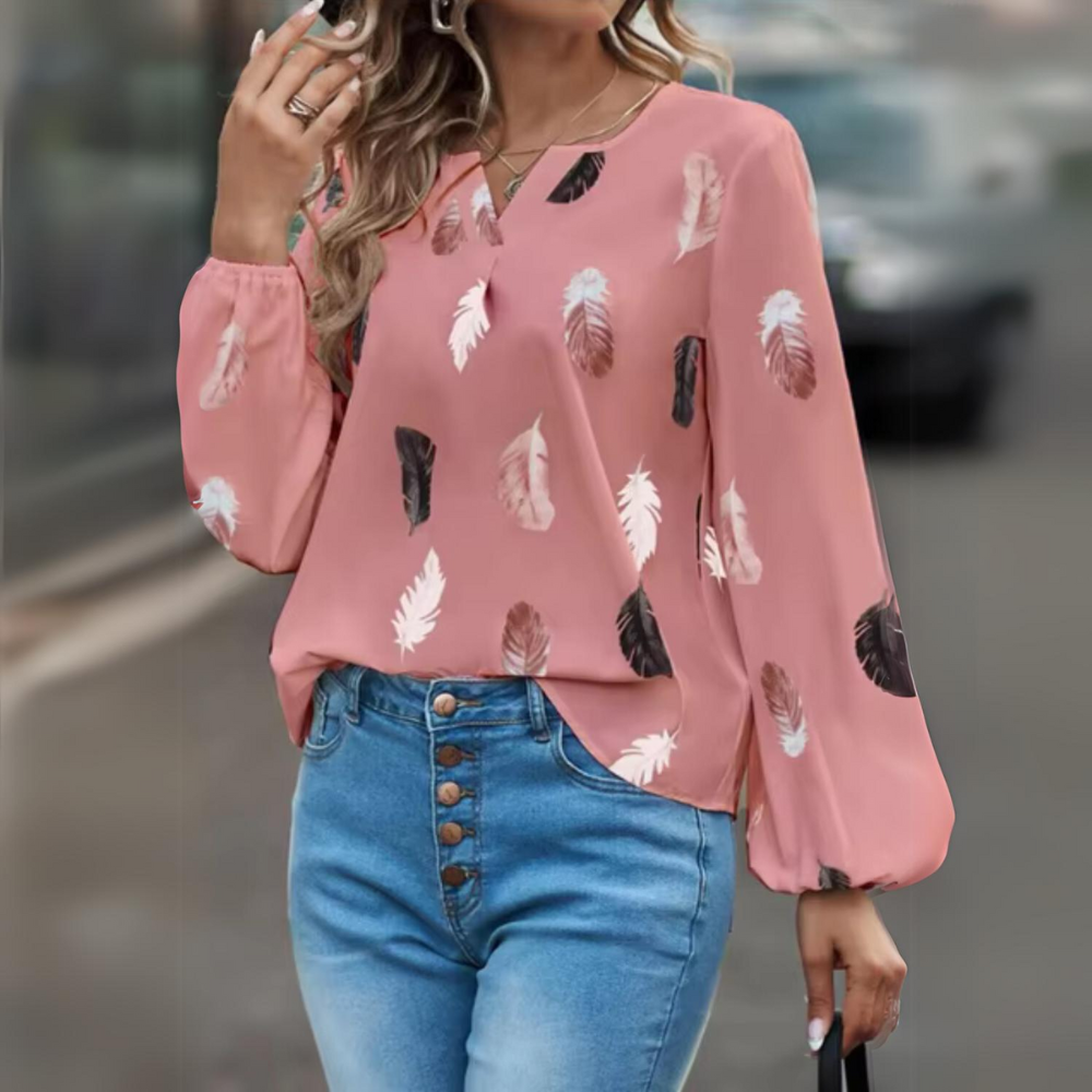 Kelly - Elegant skjorte med bladtryk med V-hals