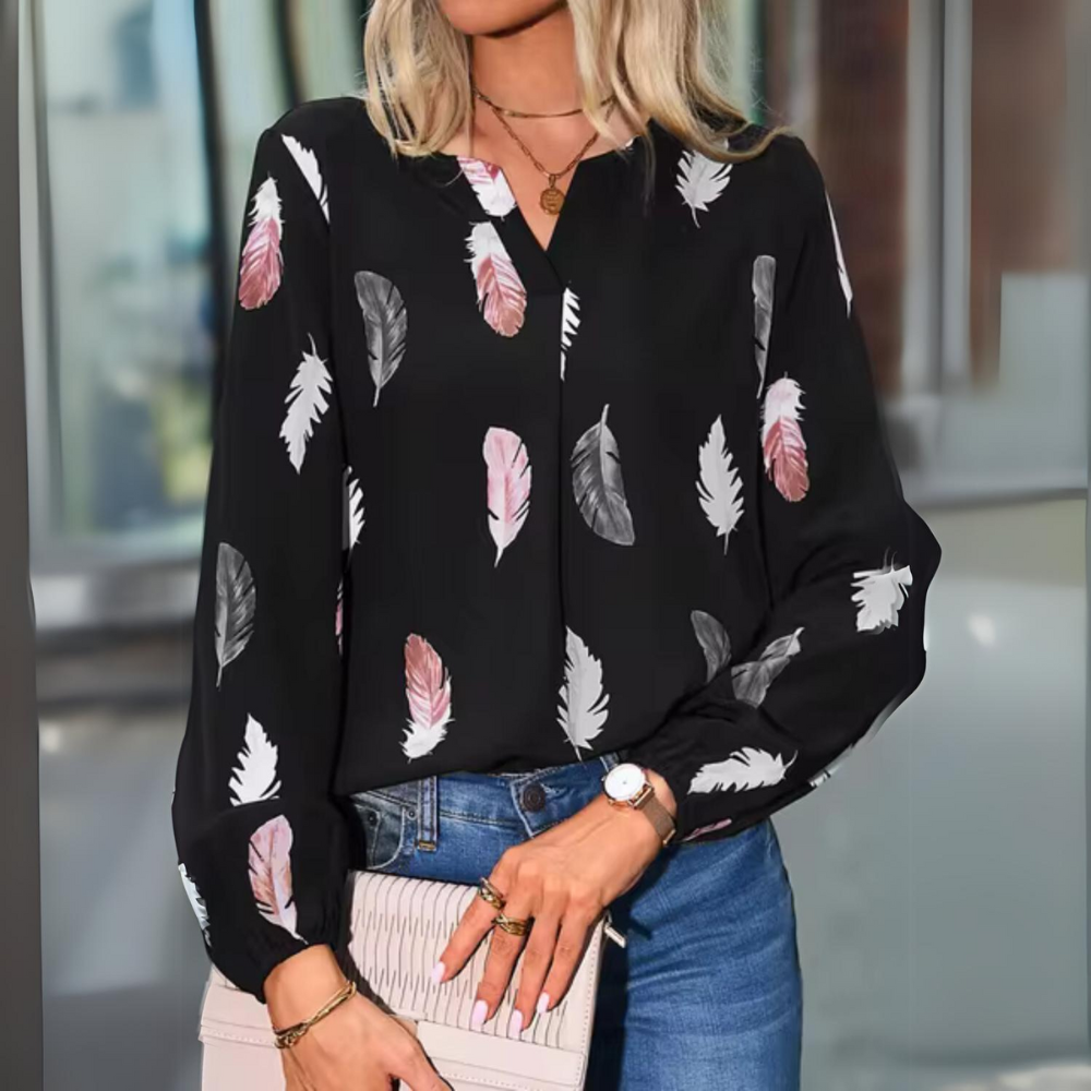 Kelly - Elegant skjorte med bladtryk med V-hals