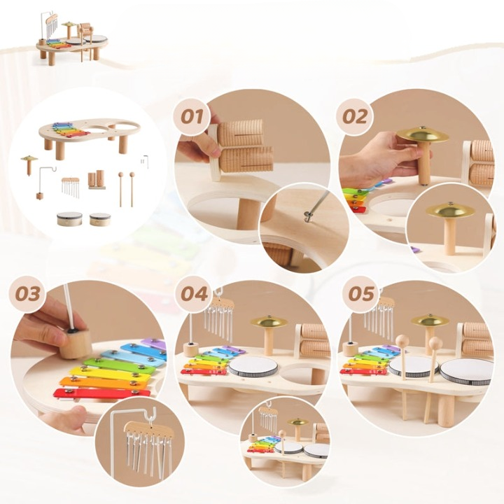 MelodyPlay Træmusikbord – Alt-i-et Pædagogisk Instrument til Småbørn, Med Trommer, Xylofon & Bækkener