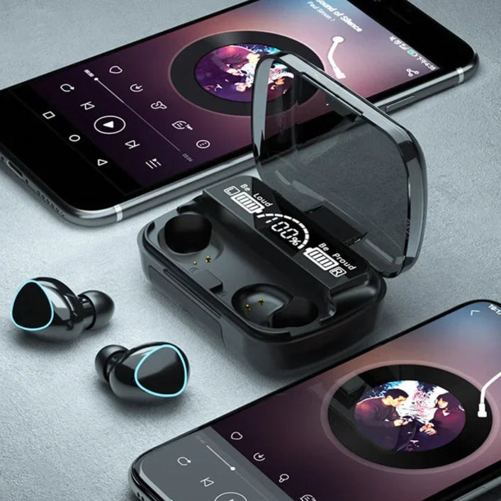 Trezorix - LED-skærm til trådløse øretelefoner med opladerboks til mikrofon øretelefoner