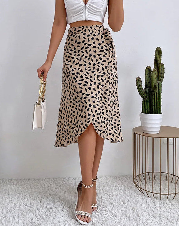 Vibeke - Moderne printet A-line nederdel med bindebånd i siden og høj talje