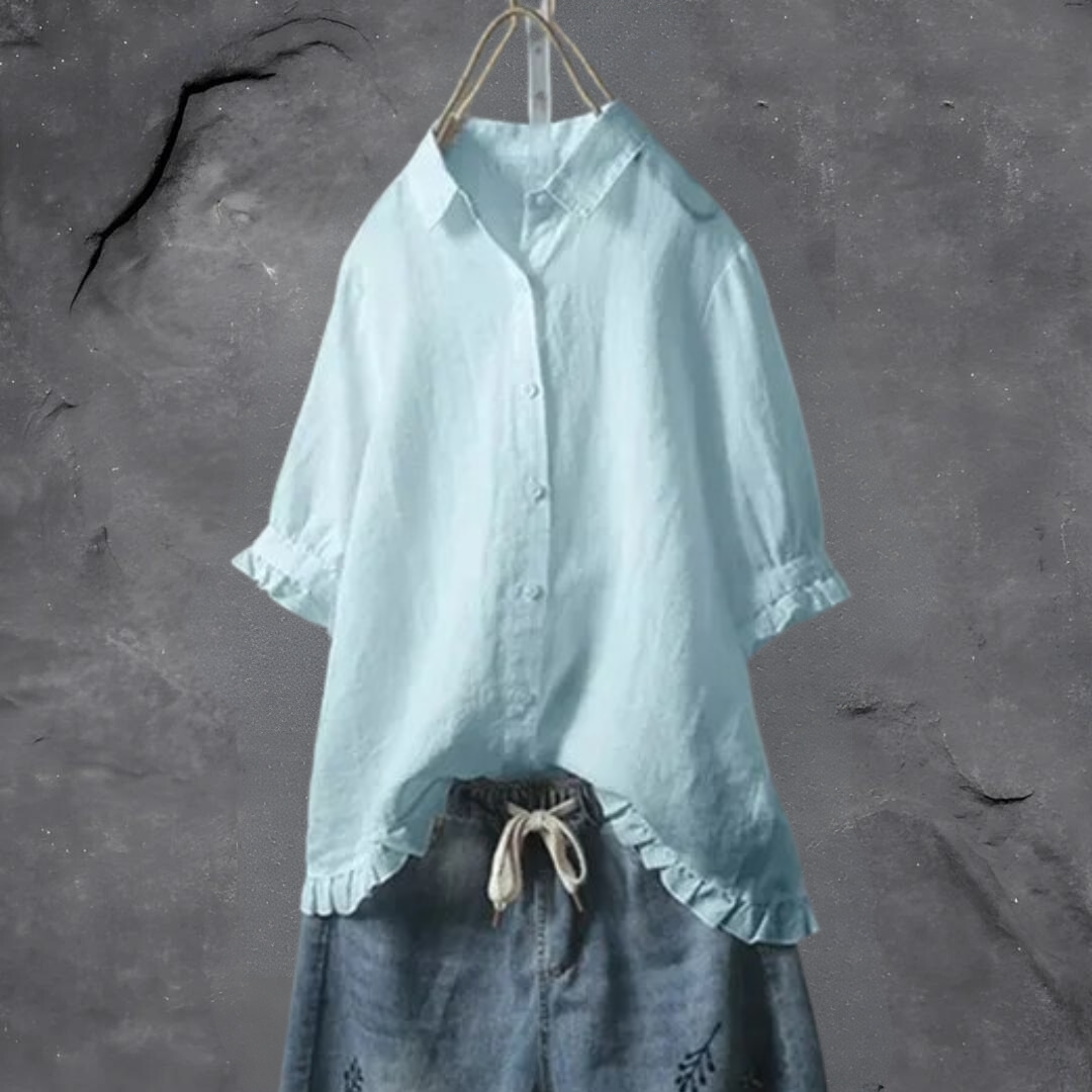 Kate - Elegant højudskæring og flæser-top med knap ned