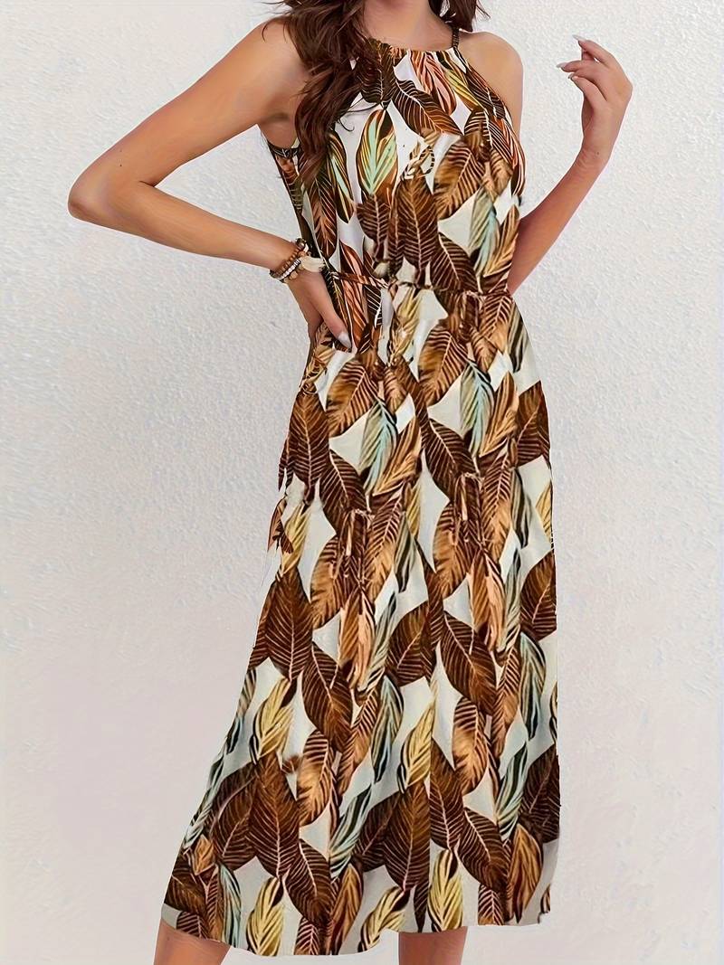 Esther - Halterneck strandkjole med bladtryk