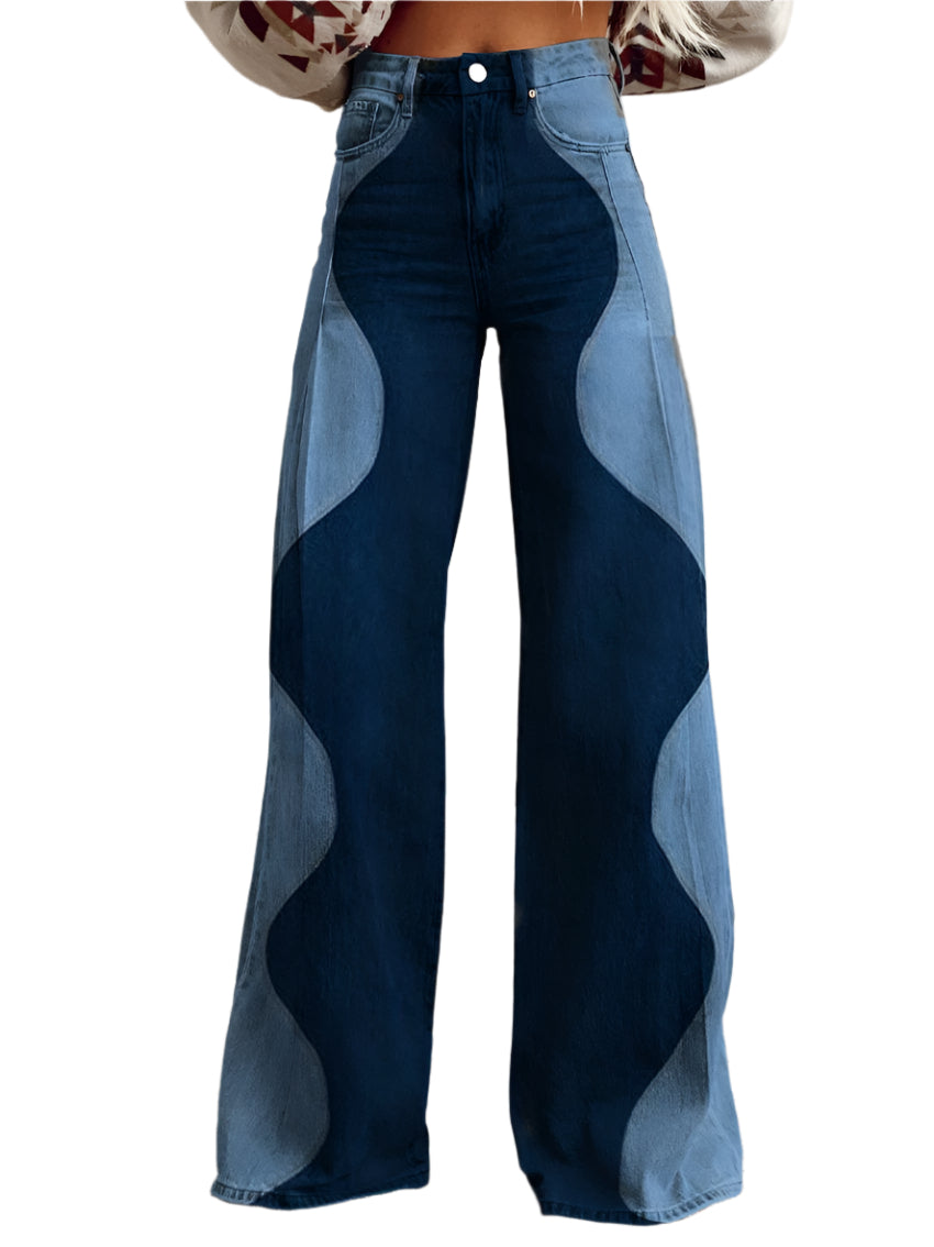Sarah - Elefantbenbukser med bølgeprint i denim