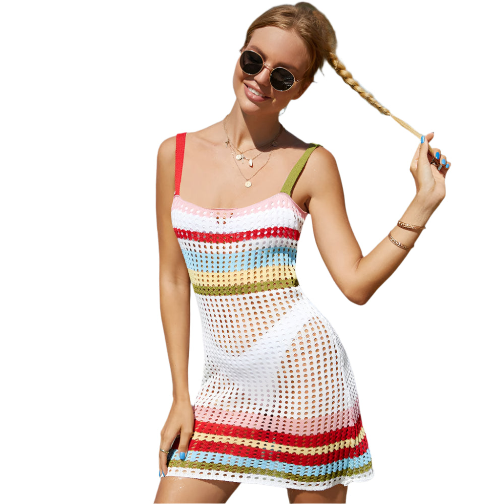 Evina - Regnbuestribet hæklet strand-mini-cover-up kjole