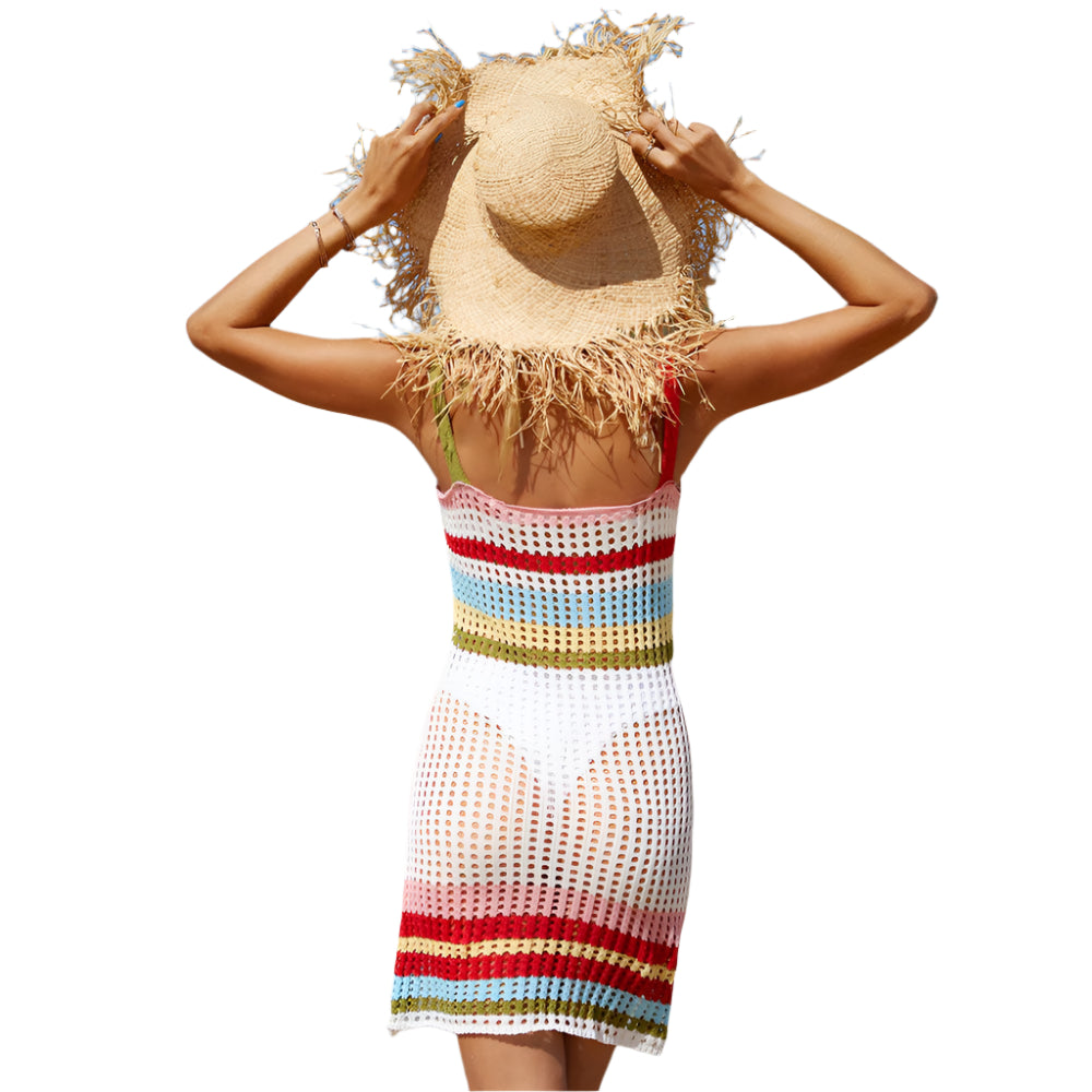 Evina - Regnbuestribet hæklet strand-mini-cover-up kjole