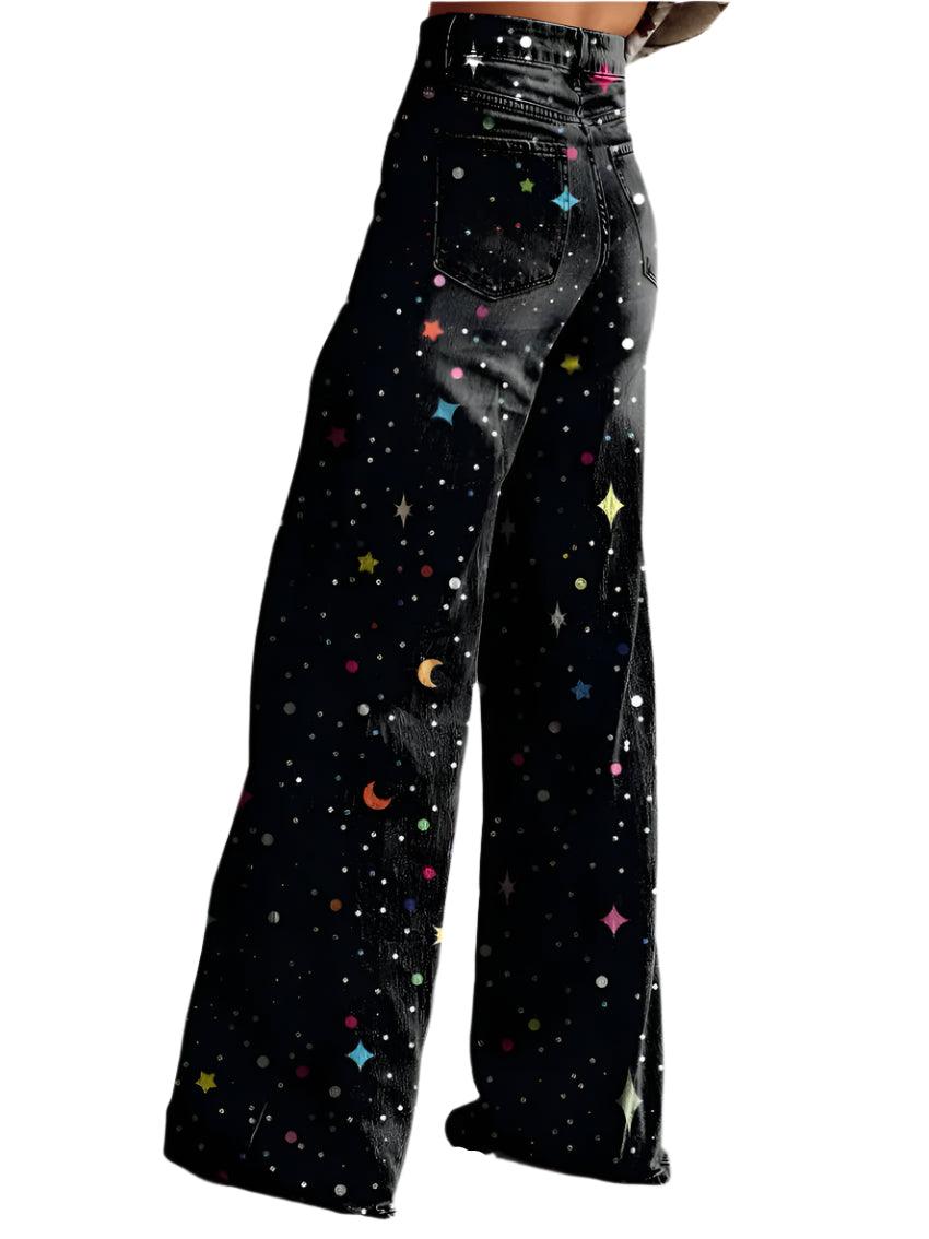 Aurelia - Stjerne- og måneprint elefantbenbukser