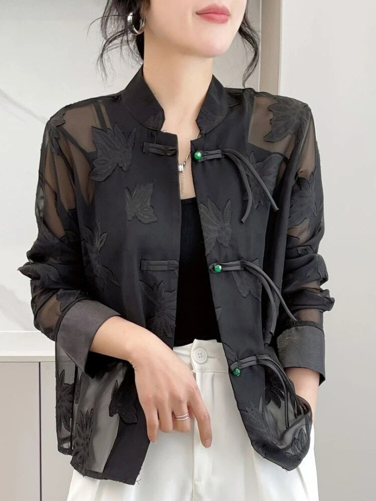 Frida - Blomstret gennemsigtig langærmet skjorte