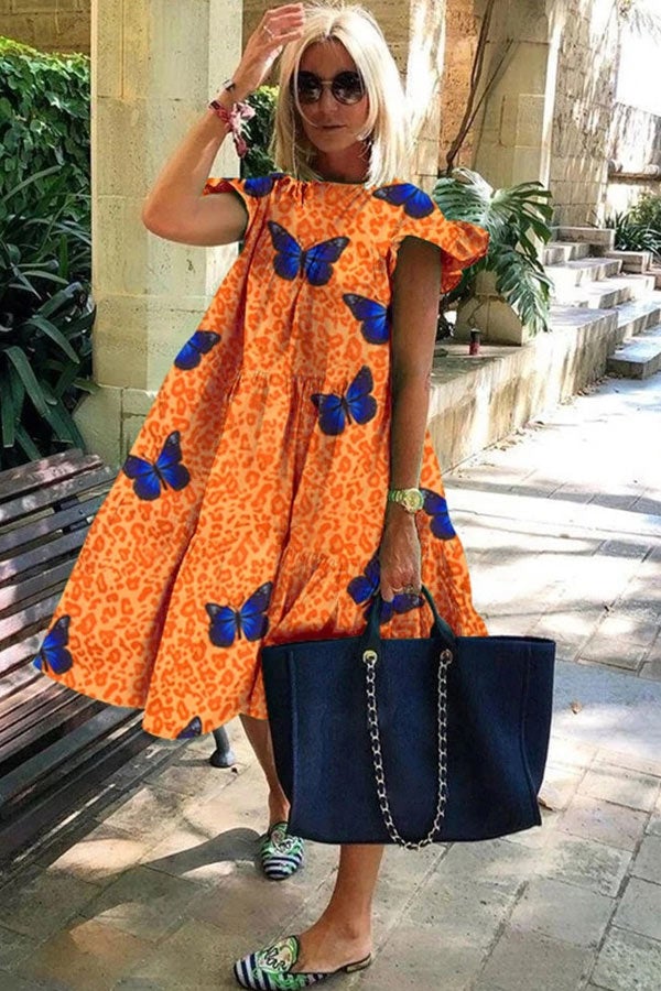 Brunhilde - Kortærmet blomsterprint flæsekjole