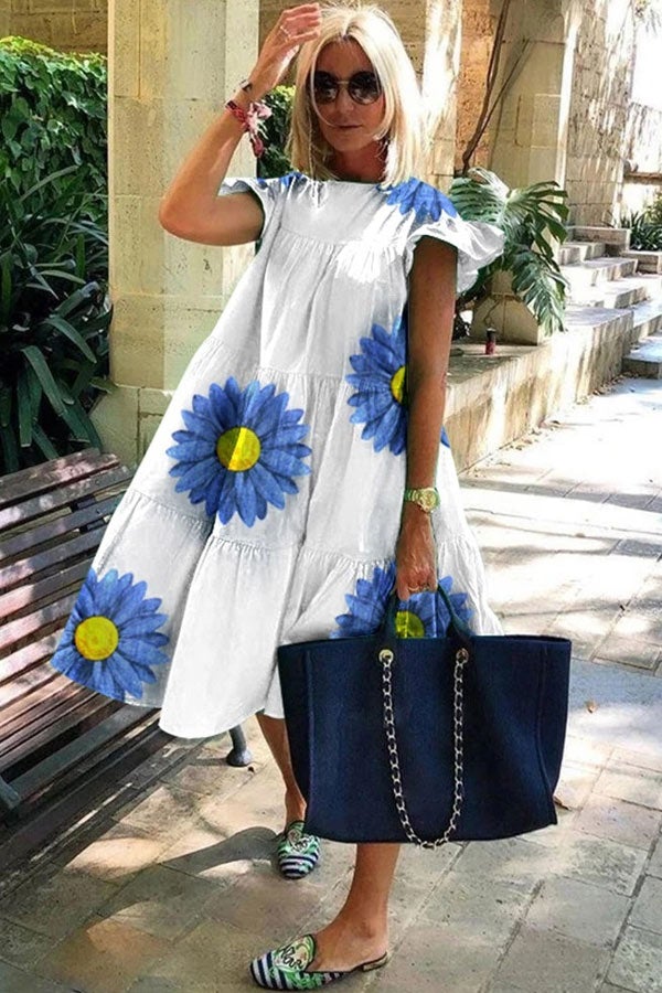 Brunhilde - Kortærmet blomsterprint flæsekjole